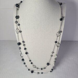 Stella & Dot Neve Station Long Silver-Tone Necklace With Black & Silver Beads